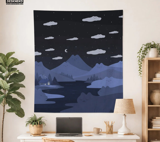 Navy cat hills wall tapestry cozy night landscape