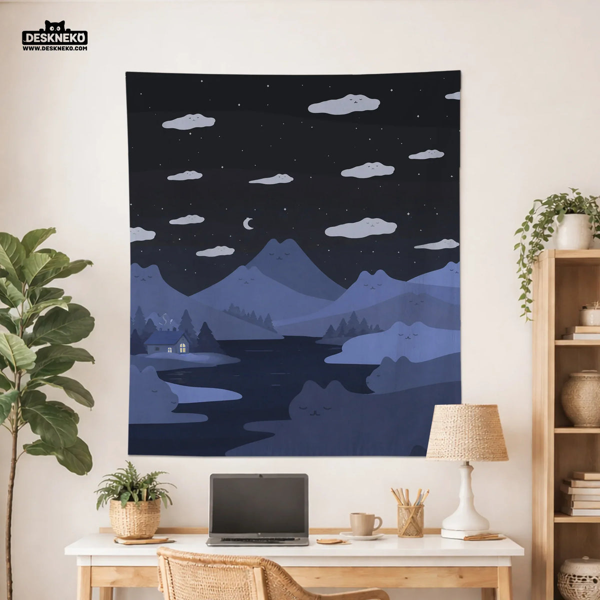 Navy cat hills wall tapestry cozy night landscape