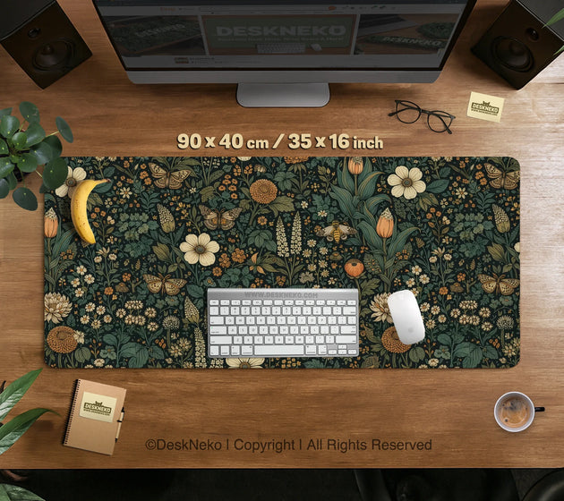 Dark floral cottagecore desk mat with botanical butterflies