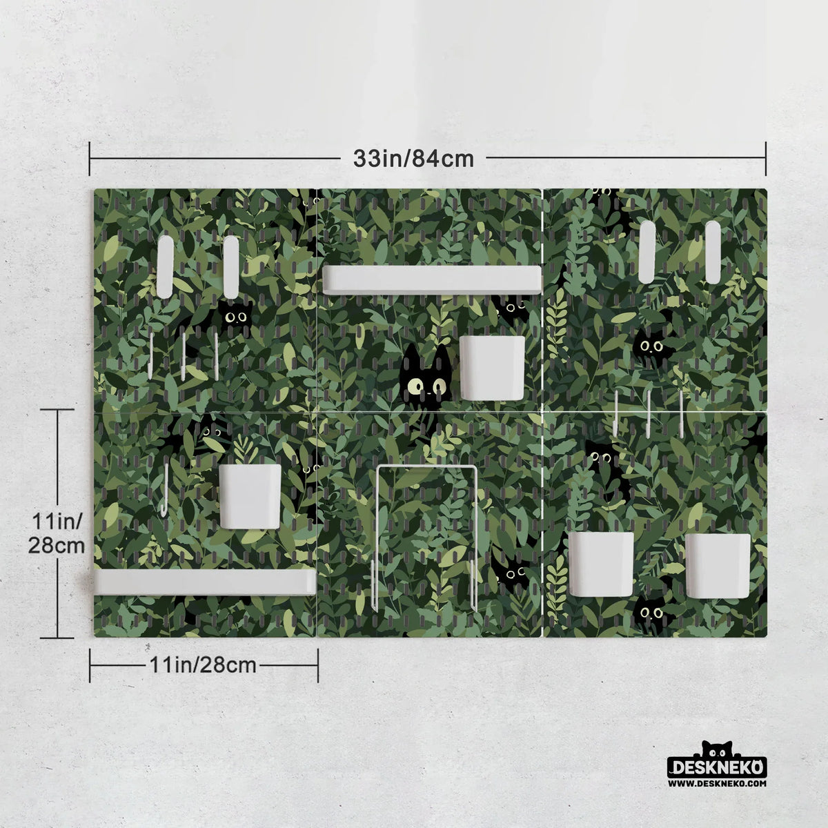 Botanical cat desk pegboard organizer, forest green workspace storage