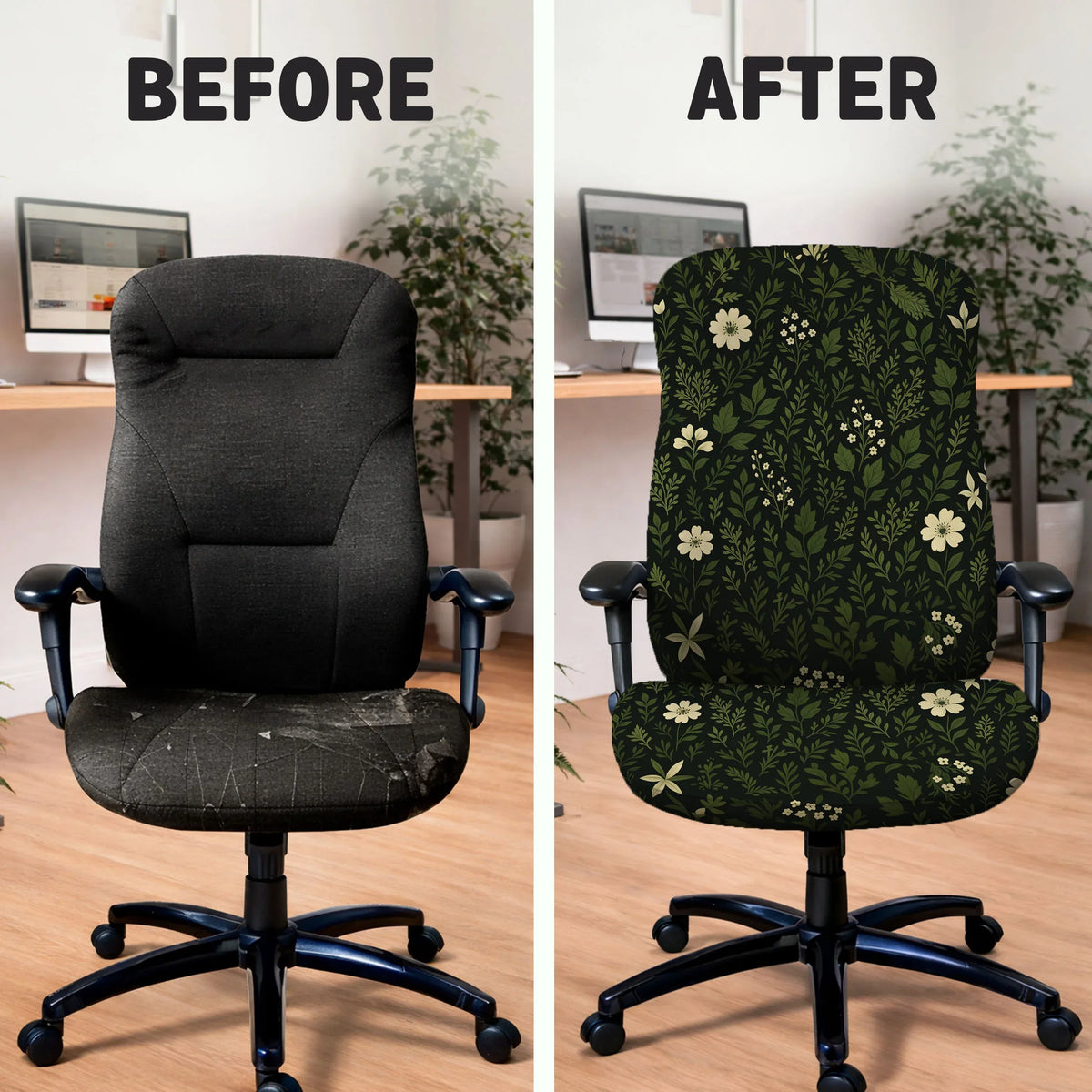 Botanical office chair cover with dark green floral pattern