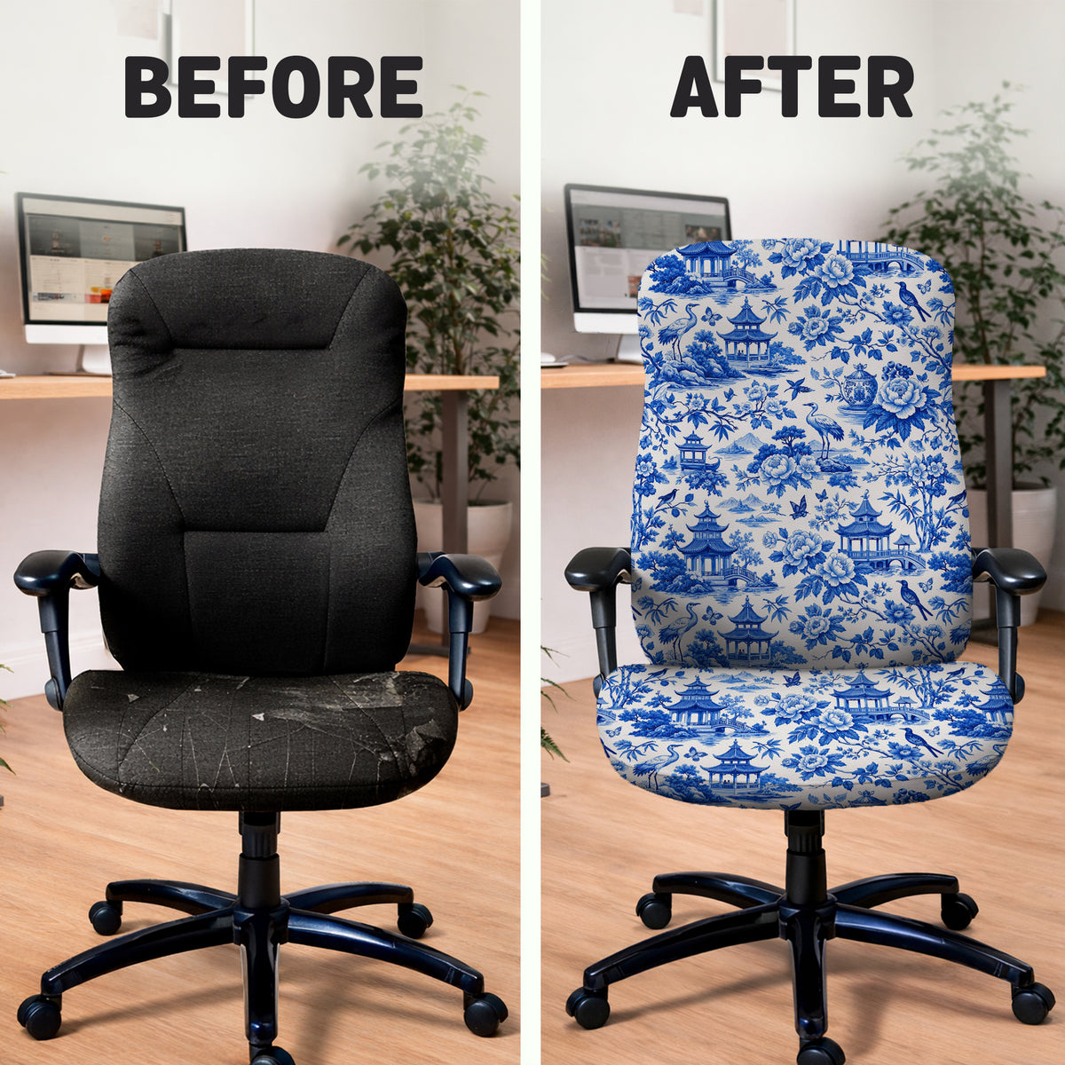 Blue chinoiserie desk chair cover