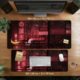 Red cyberpunk tokyo cat desk mat