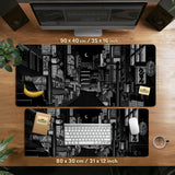 Black white tokyo night desk mat, cyberpunk japanese street mousepad
