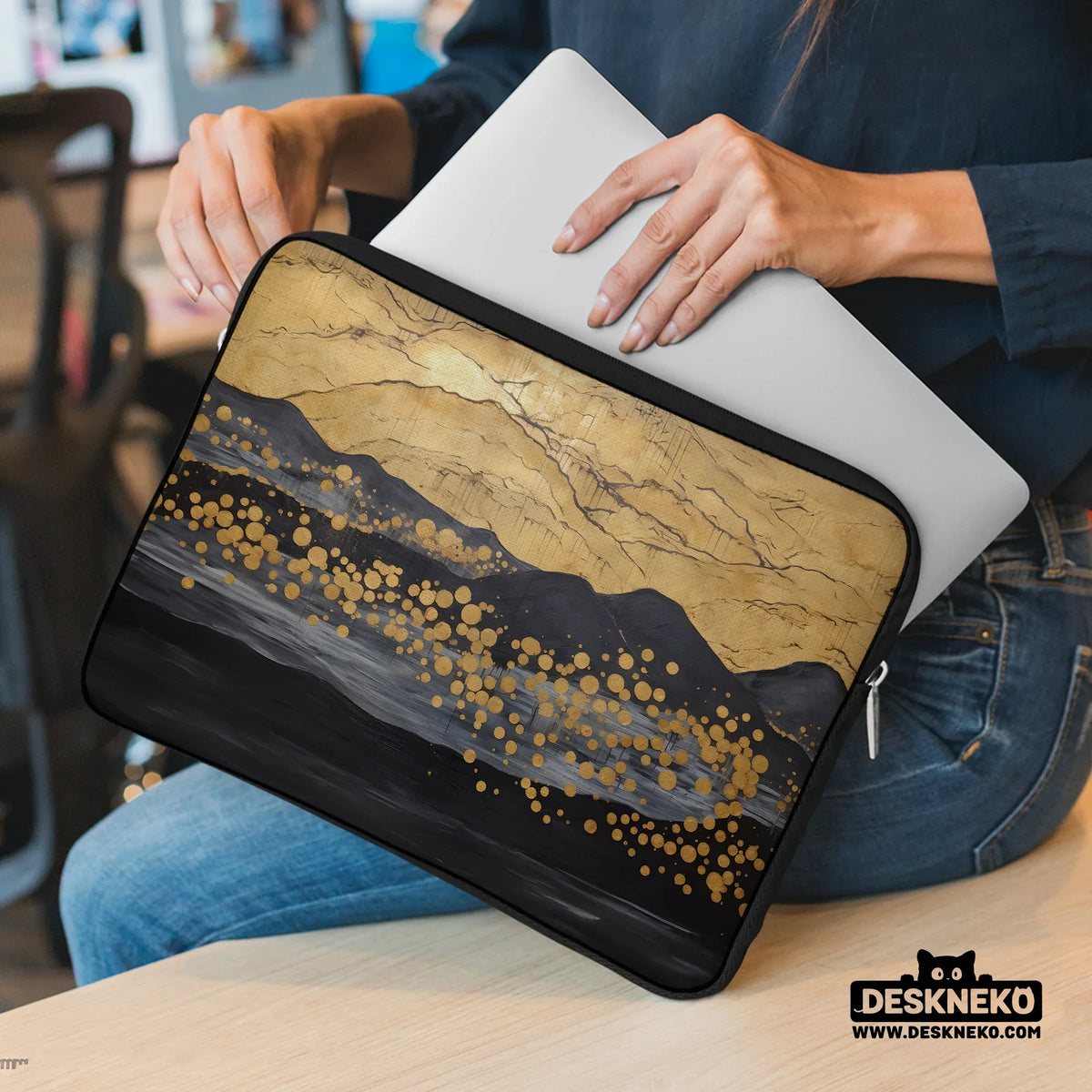 Gold japandi laptop bag with shoulder strap