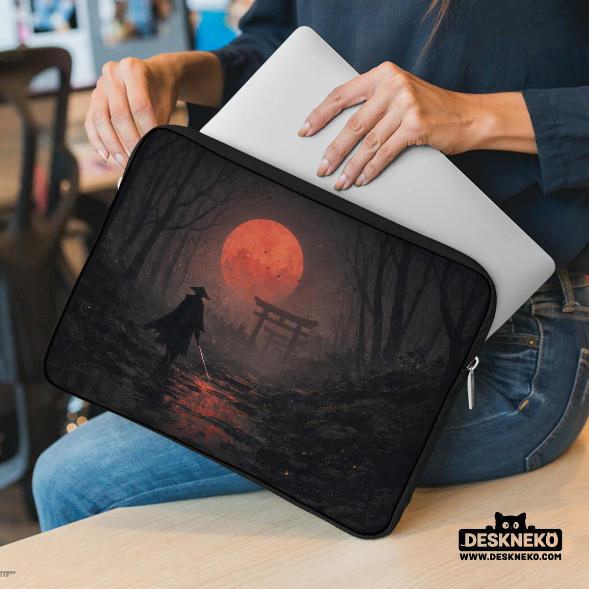 Samurai red moon laptop sleeve & bag with handle and shoulder strap