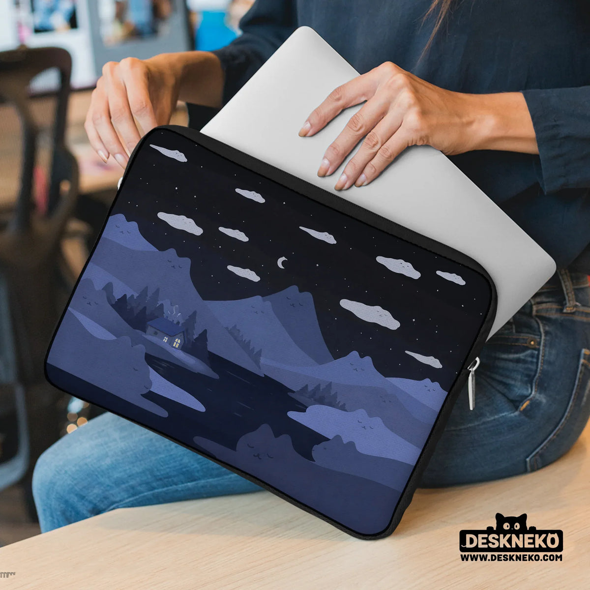 Whimisical blue cat mountains laptop sleeve & bag