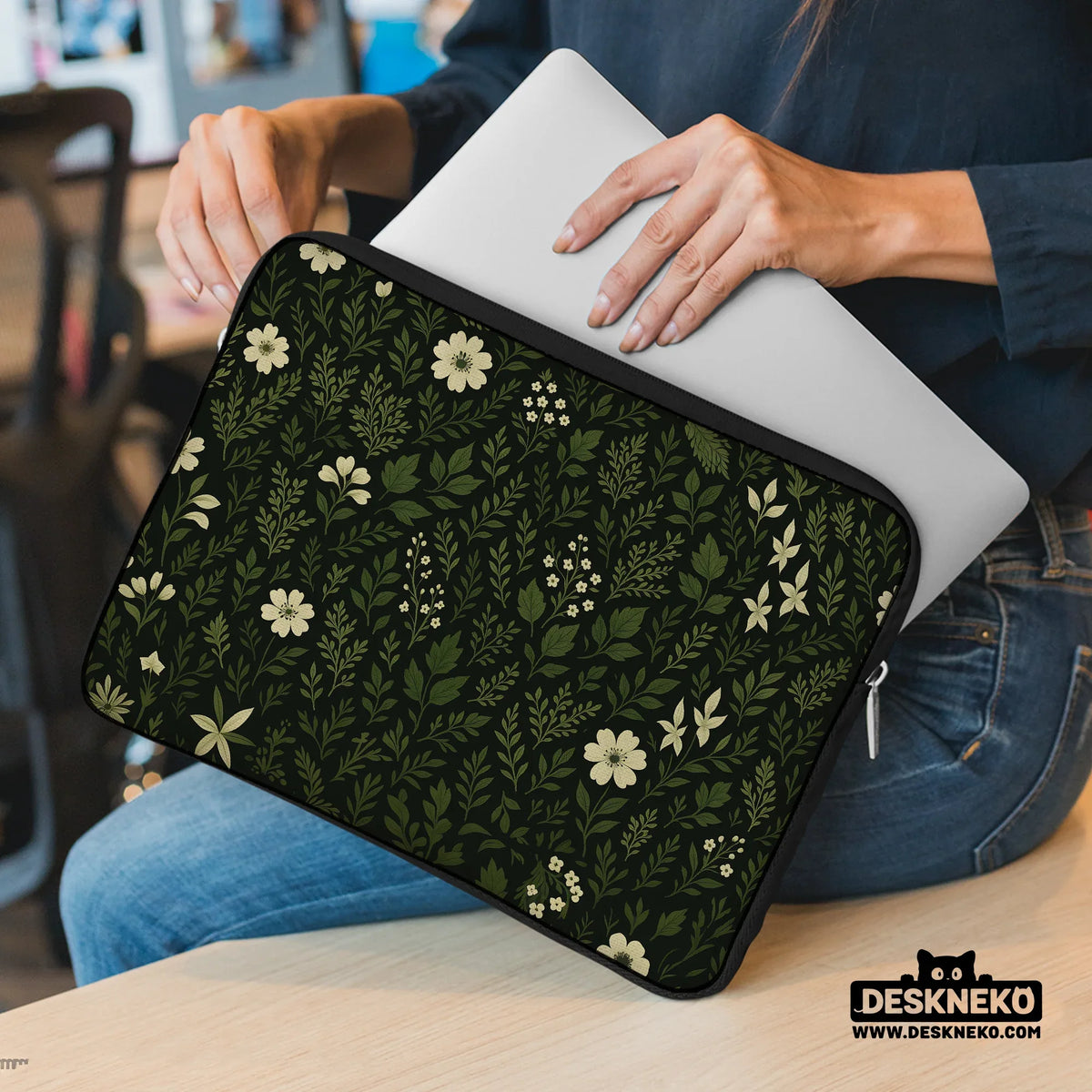 Botanical laptop sleeve & bag with dark green floral pattern
