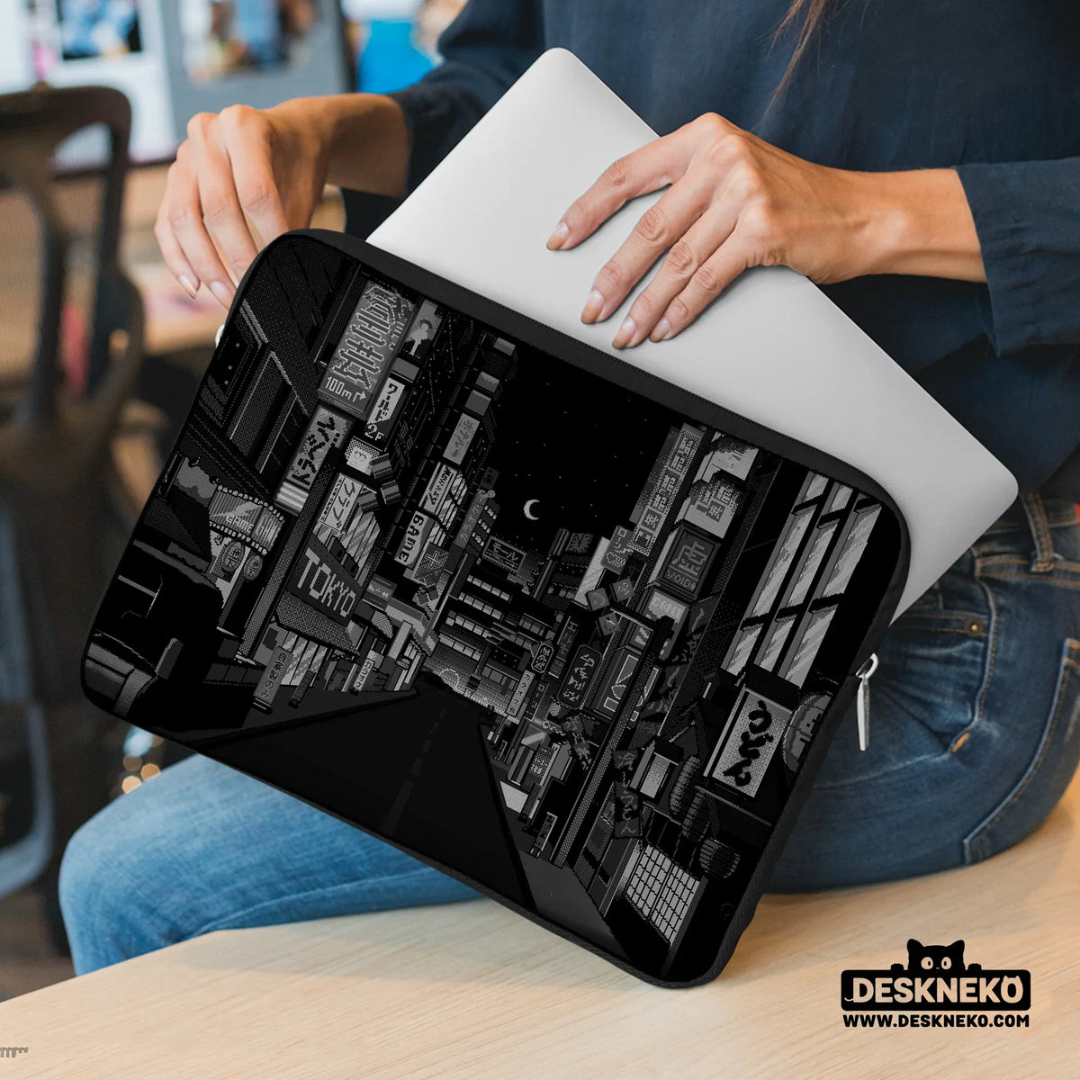 Tokyo night pixel laptop sleeve & bag – monochrome cyberpunk case