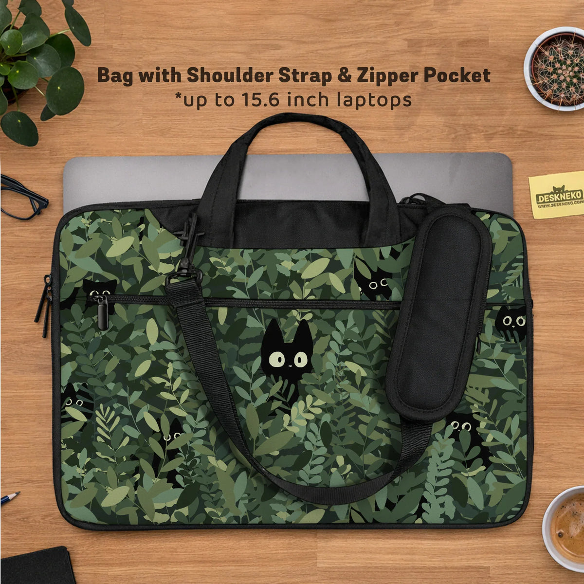 Botanical cat laptop sleeve & bag, forest green aesthetic case