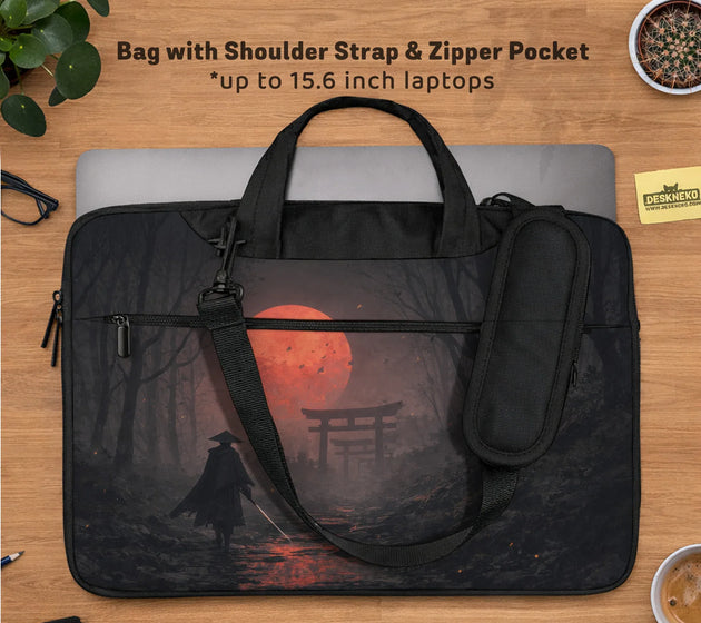 Samurai red moon laptop sleeve & bag with handle and shoulder strap