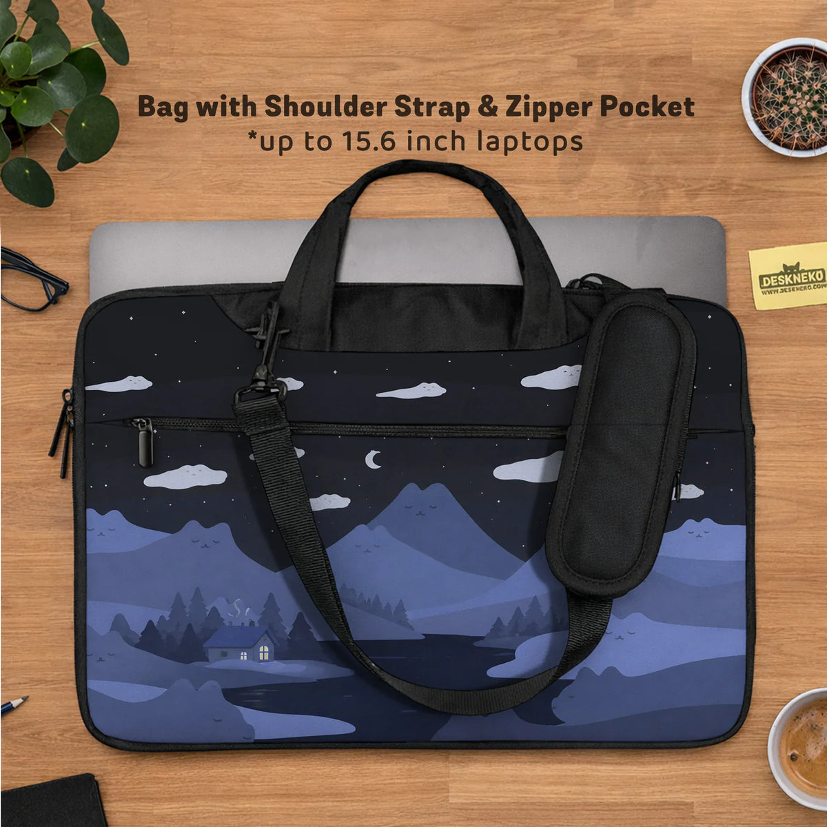 Whimisical blue cat mountains laptop sleeve & bag