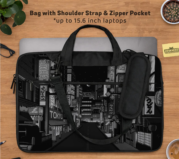 Tokyo night pixel laptop sleeve & bag – monochrome cyberpunk case