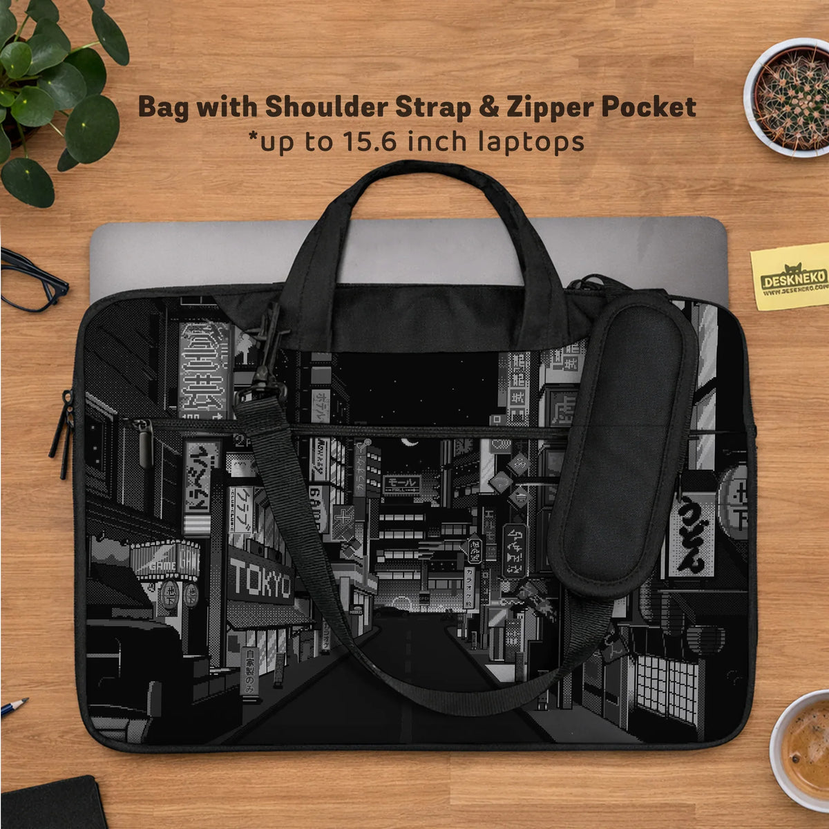 Tokyo night pixel laptop sleeve & bag – monochrome cyberpunk case