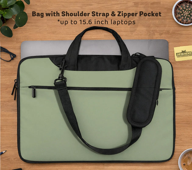 Sage green laptop bag with shoulder strap & handle