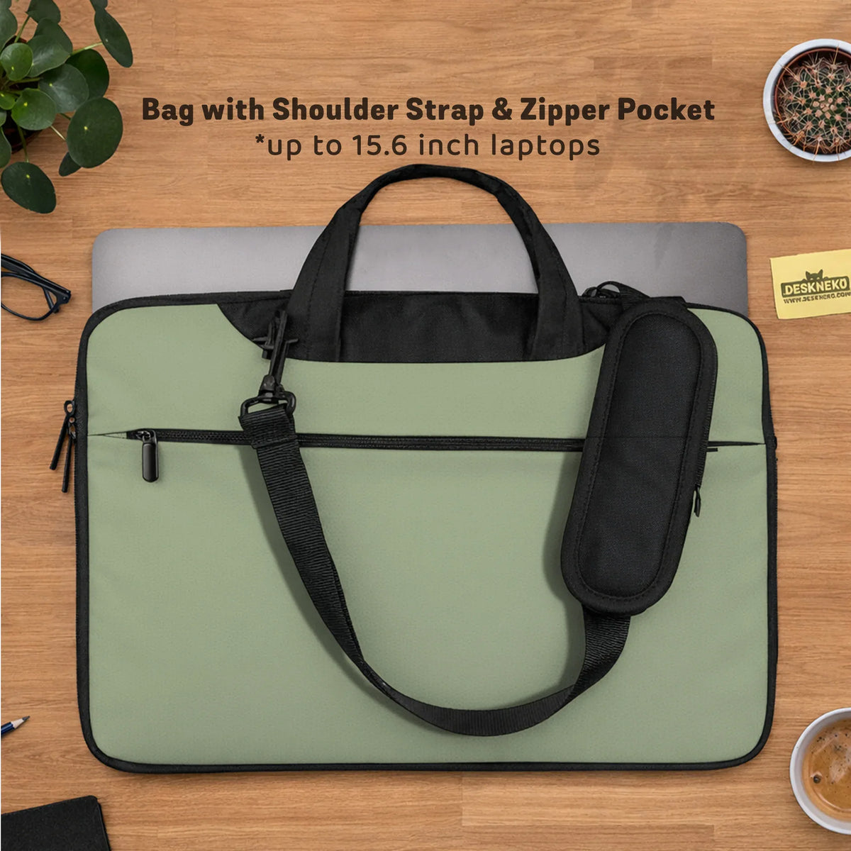 Sage green laptop bag with shoulder strap & handle