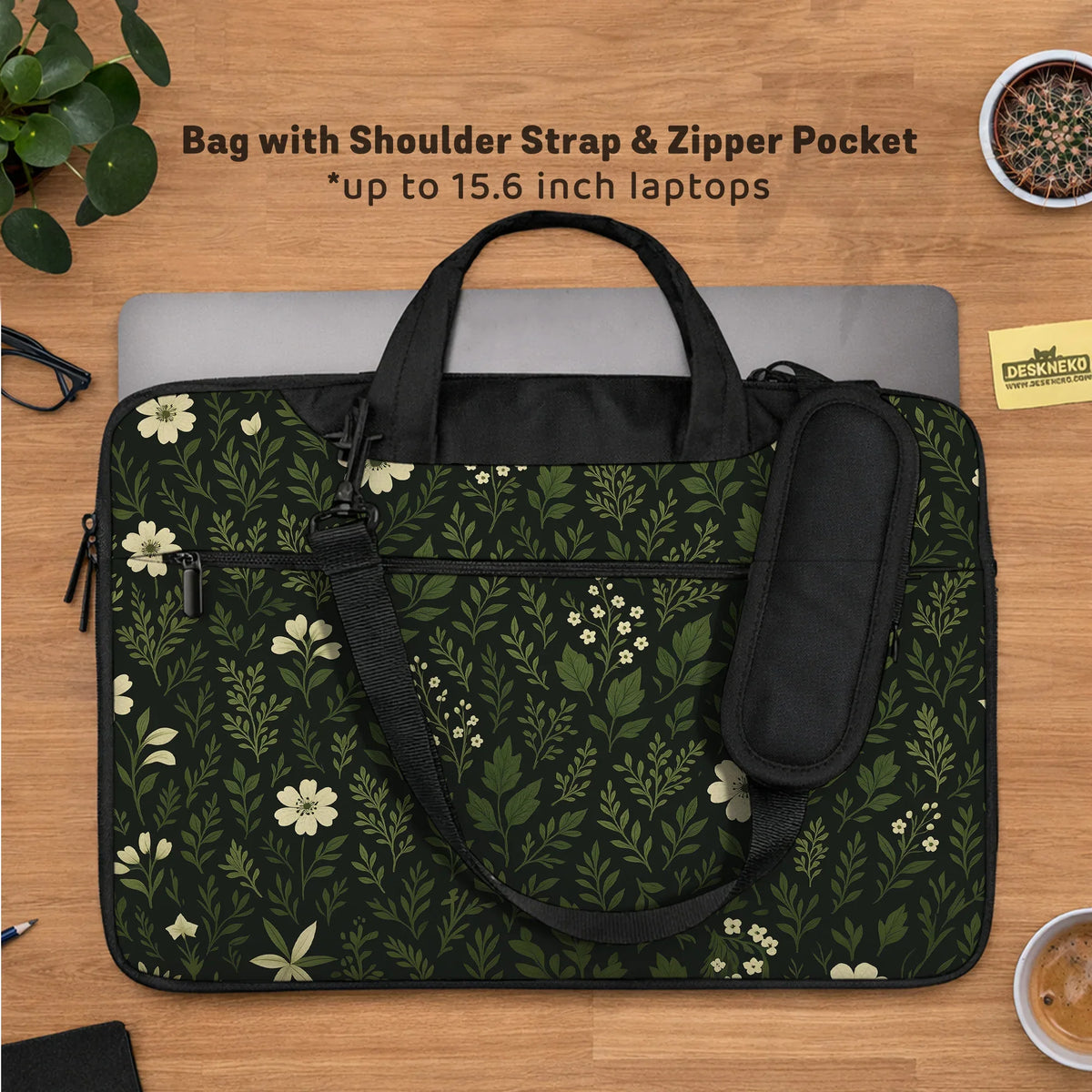 Dark green botanical laptop sleeve
