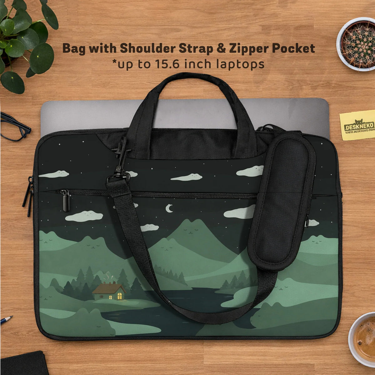 Green cat mountains laptop sleeve & bag