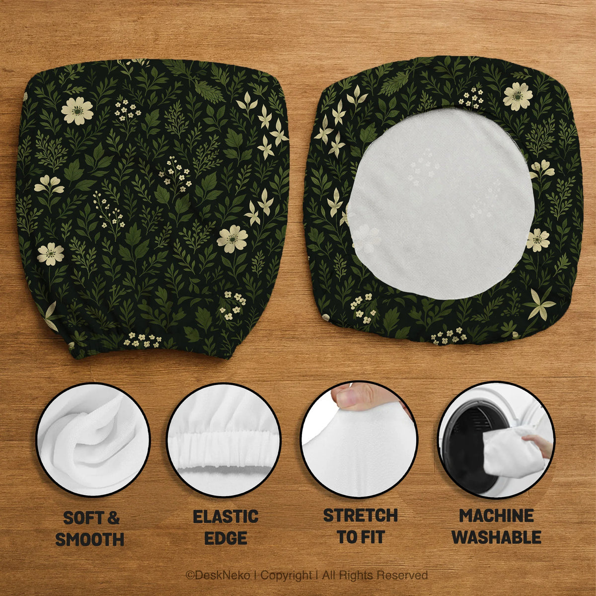 Botanical office chair cover with dark green floral pattern