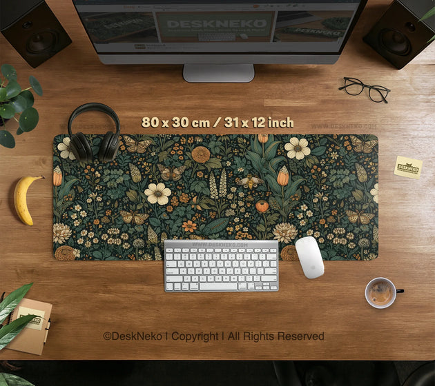 Dark floral cottagecore desk mat with botanical butterflies