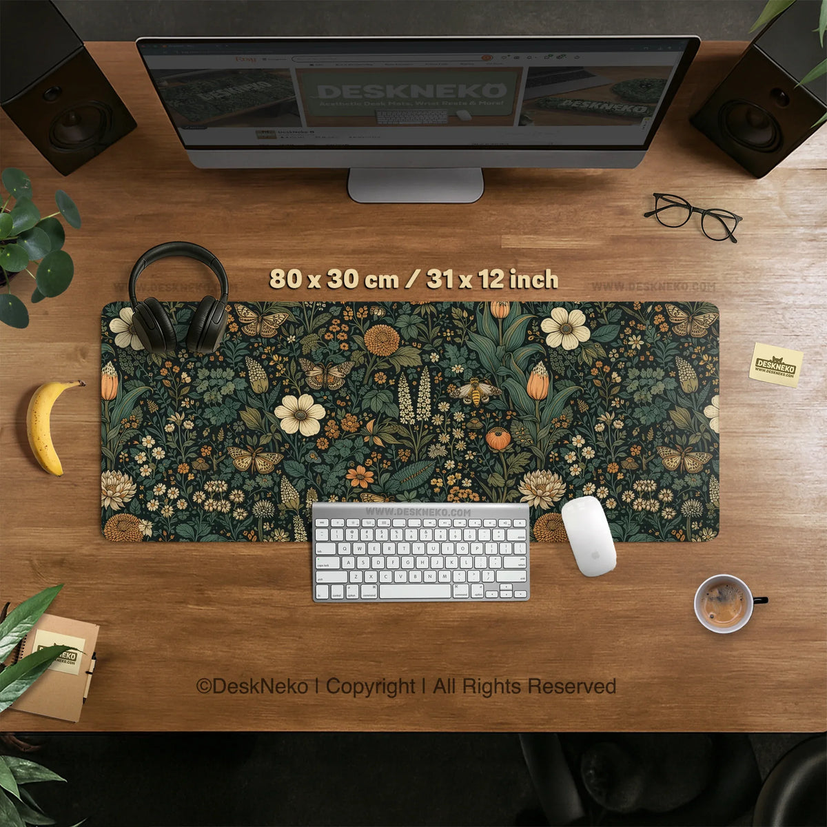 Dark floral cottagecore desk mat with botanical butterflies