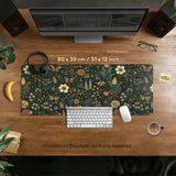Dark floral cottagecore desk mat with botanical butterflies