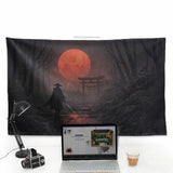 Samurai red moon wall tapestry decor