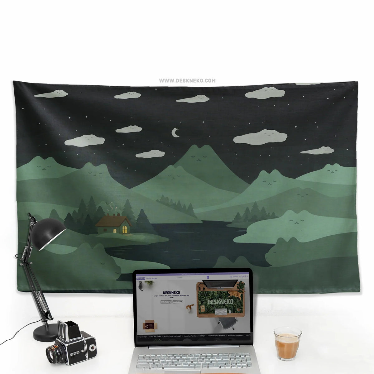 Green cat hills wall tapestry cozy night landscape