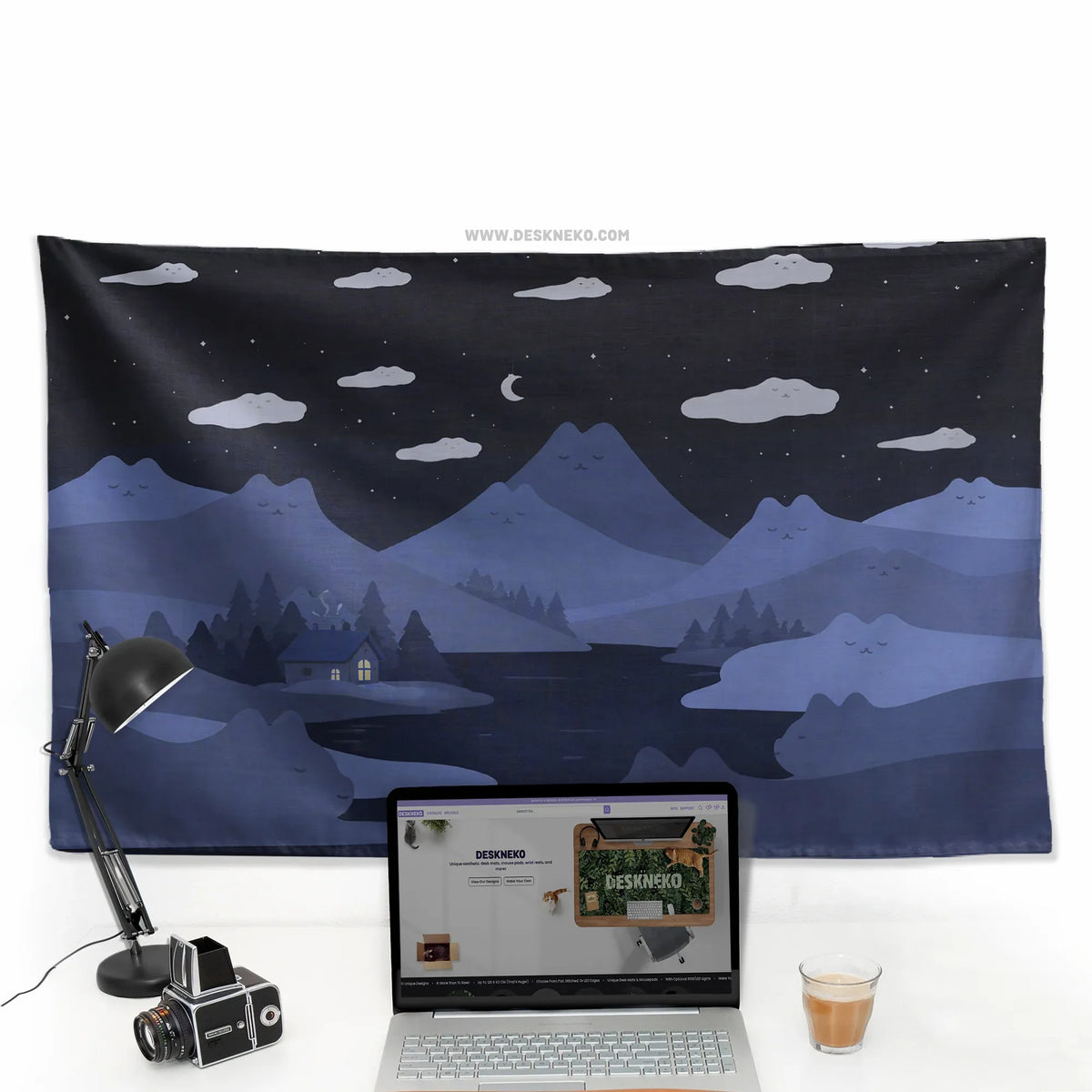Navy Cat Hills Wall Tapestry Cozy Night Landscape - Deskneko