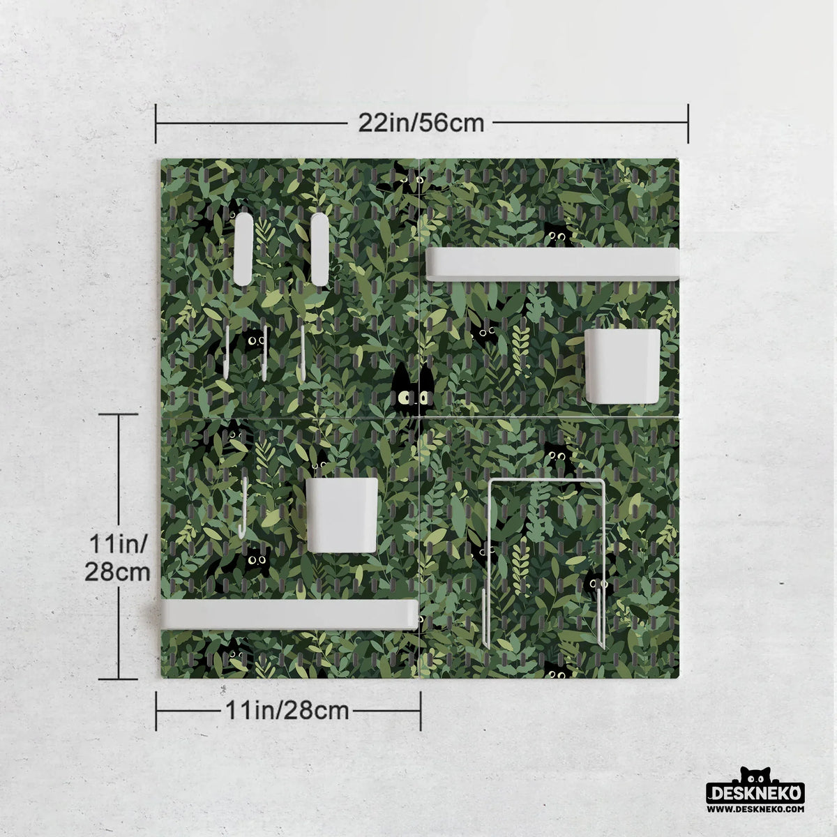 Botanical cat desk pegboard organizer, forest green workspace storage