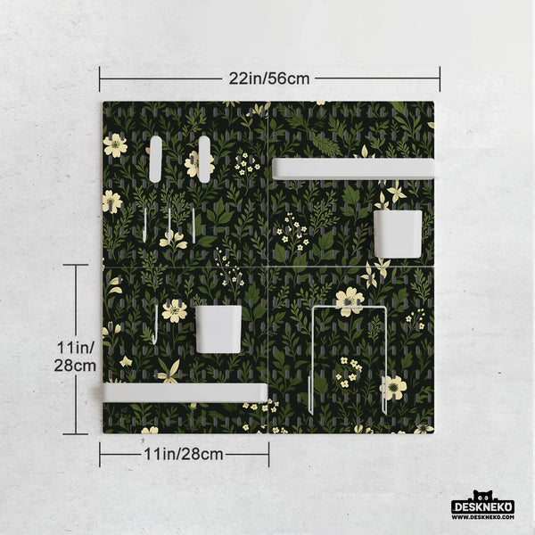 Botanical Pegboard Organizer with Dark Green Floral Pattern - Deskneko