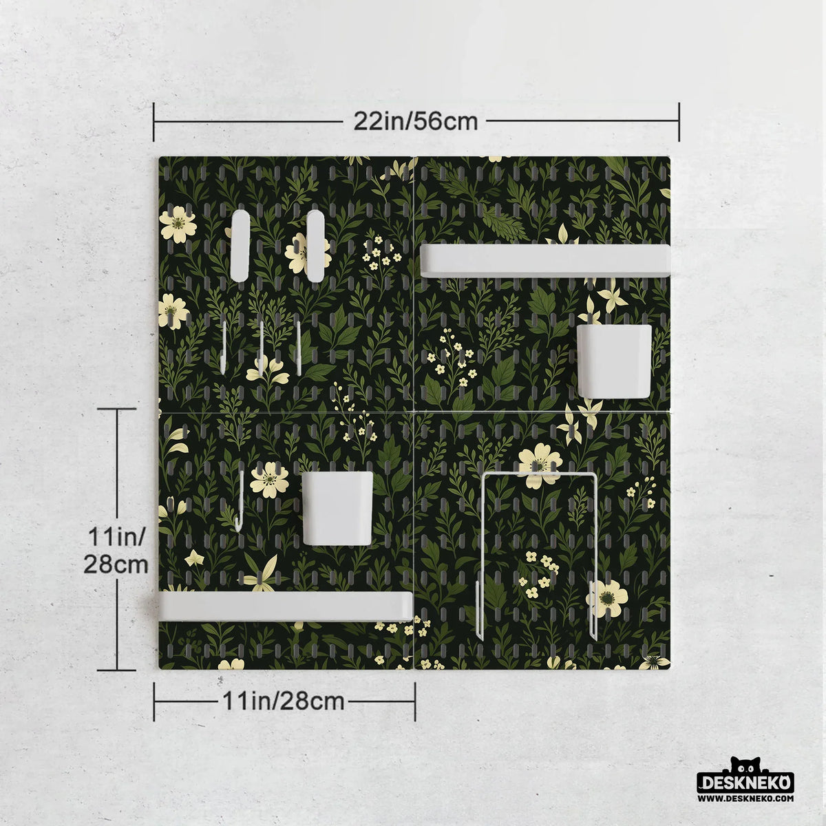 Botanical pegboard organizer with dark green floral pattern