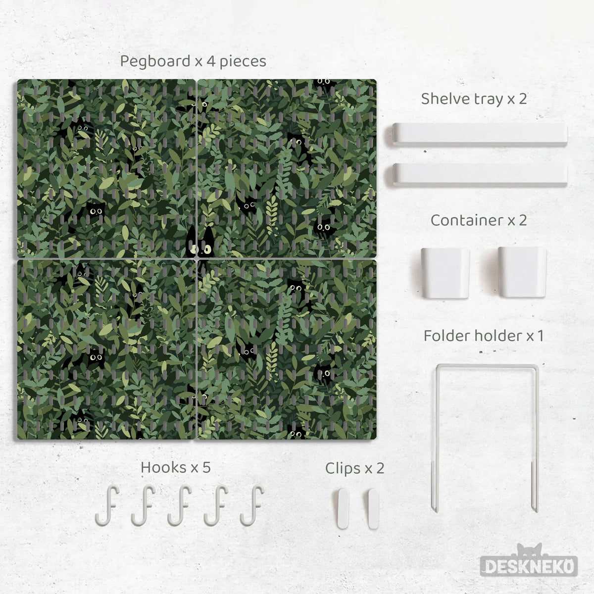Botanical cat desk pegboard organizer, forest green workspace storage