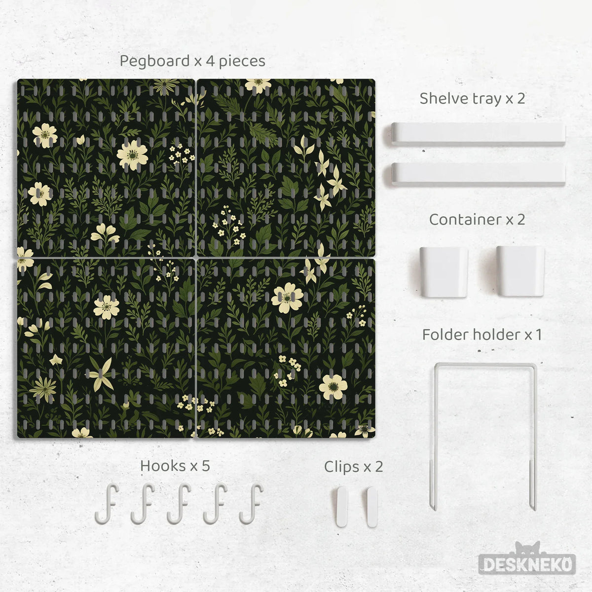Botanical Pegboard Organizer with Dark Green Floral Pattern - Deskneko