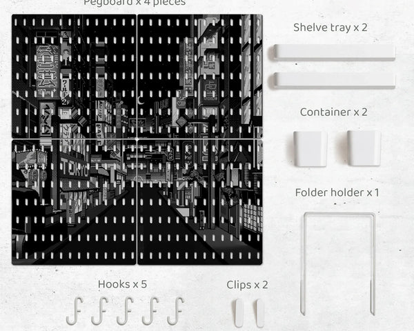 Tokyo night pixel pegboard organizer, cyberpunk wall storage