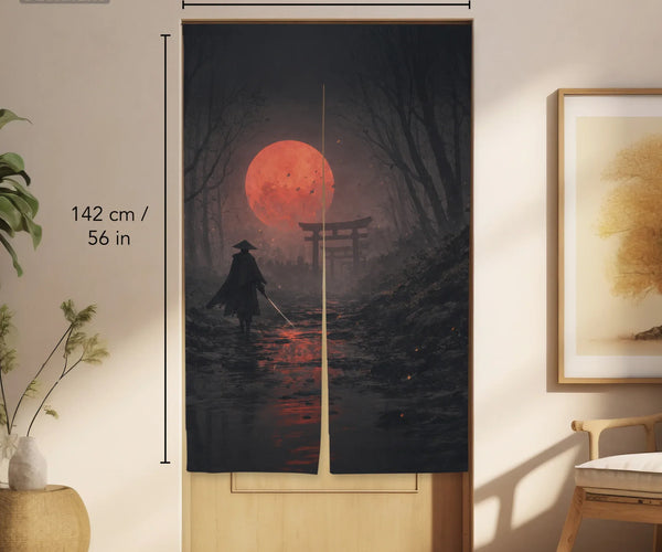 Samurai Red Moon Noren Door Curtain - Deskneko