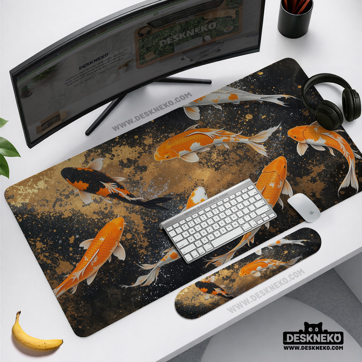 Black gold koi desk mat mousepad