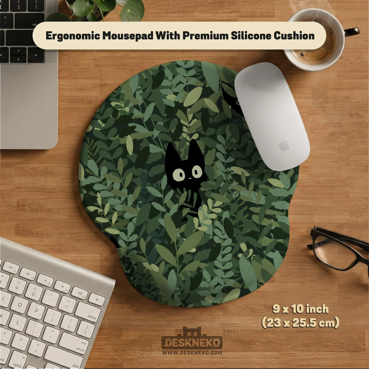 Botanical cat ergonomic mousepad with wrist rest for desk comfort