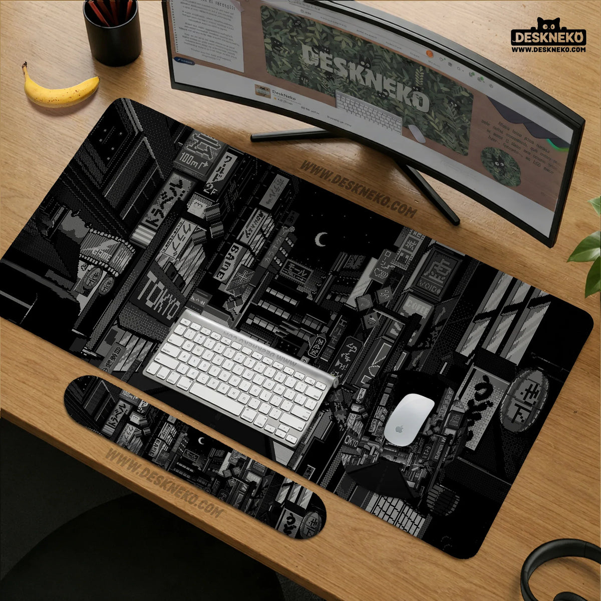 Black white tokyo night desk mat, cyberpunk japanese street mousepad