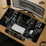 Black white tokyo night desk mat, cyberpunk japanese street mousepad