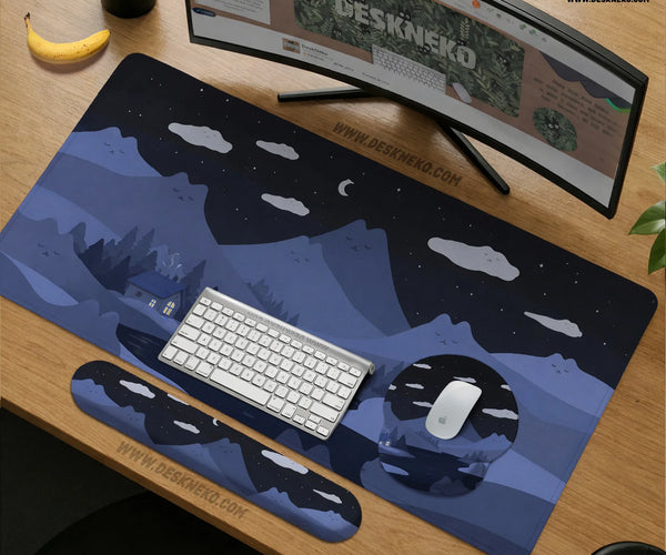 Navy Blue Cat Hills Desk Mat XXL Extended Mousepad - Deskneko