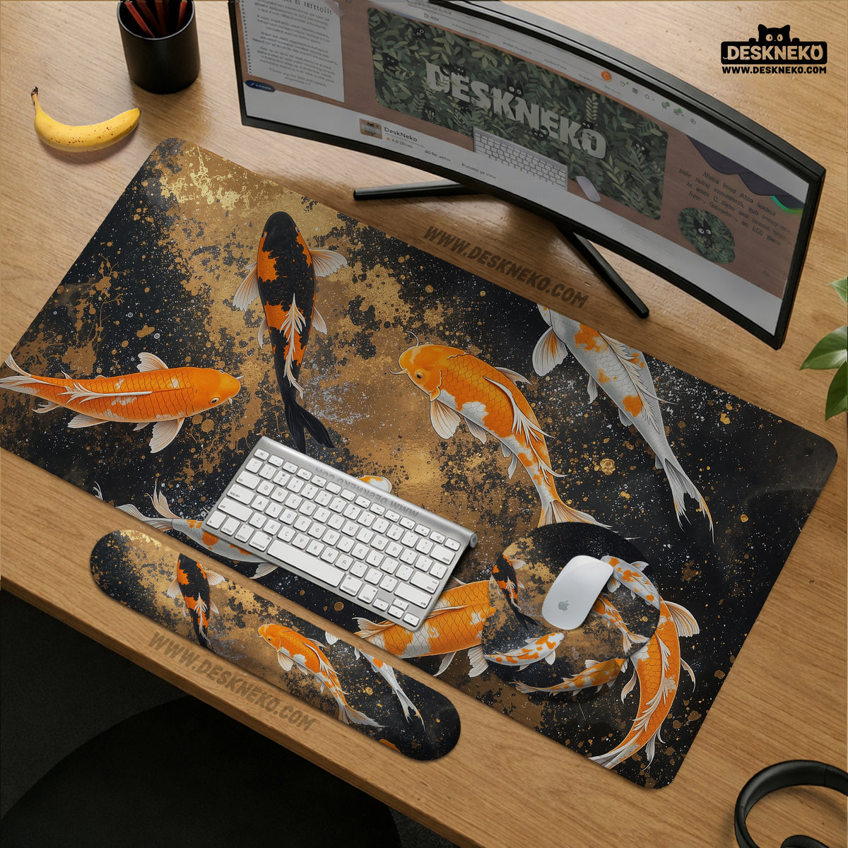 Black gold koi desk mat mousepad