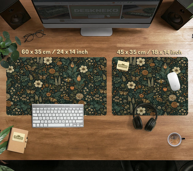 Dark floral cottagecore desk mat with botanical butterflies