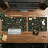 Dark floral cottagecore desk mat with botanical butterflies