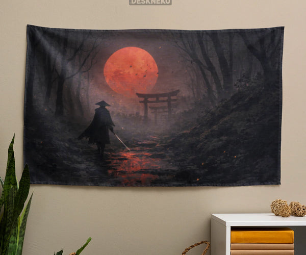 Samurai Red Moon Wall Tapestry Decor - Deskneko