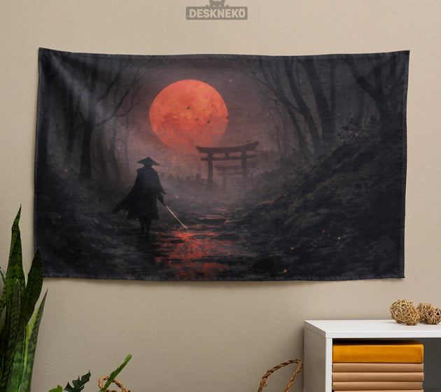 Samurai red moon wall tapestry decor