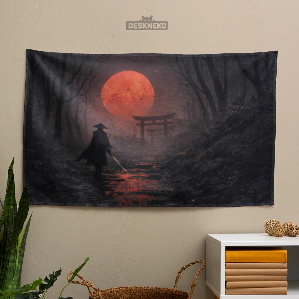 Samurai red moon wall tapestry decor