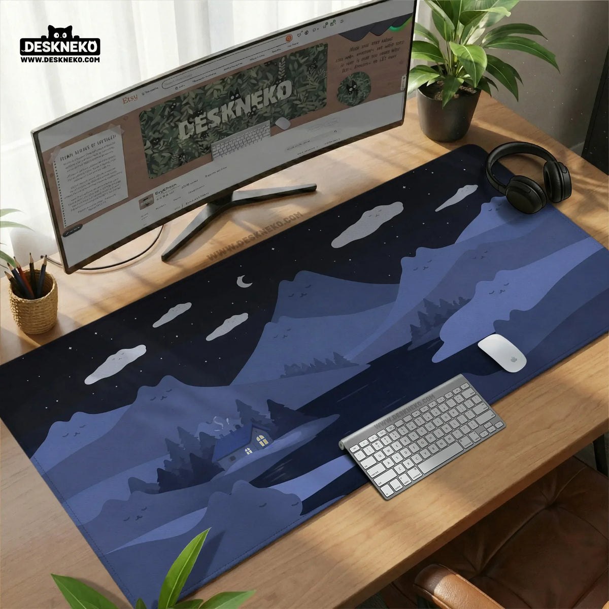 Blue cat hills gaming desk mat extended mousepad