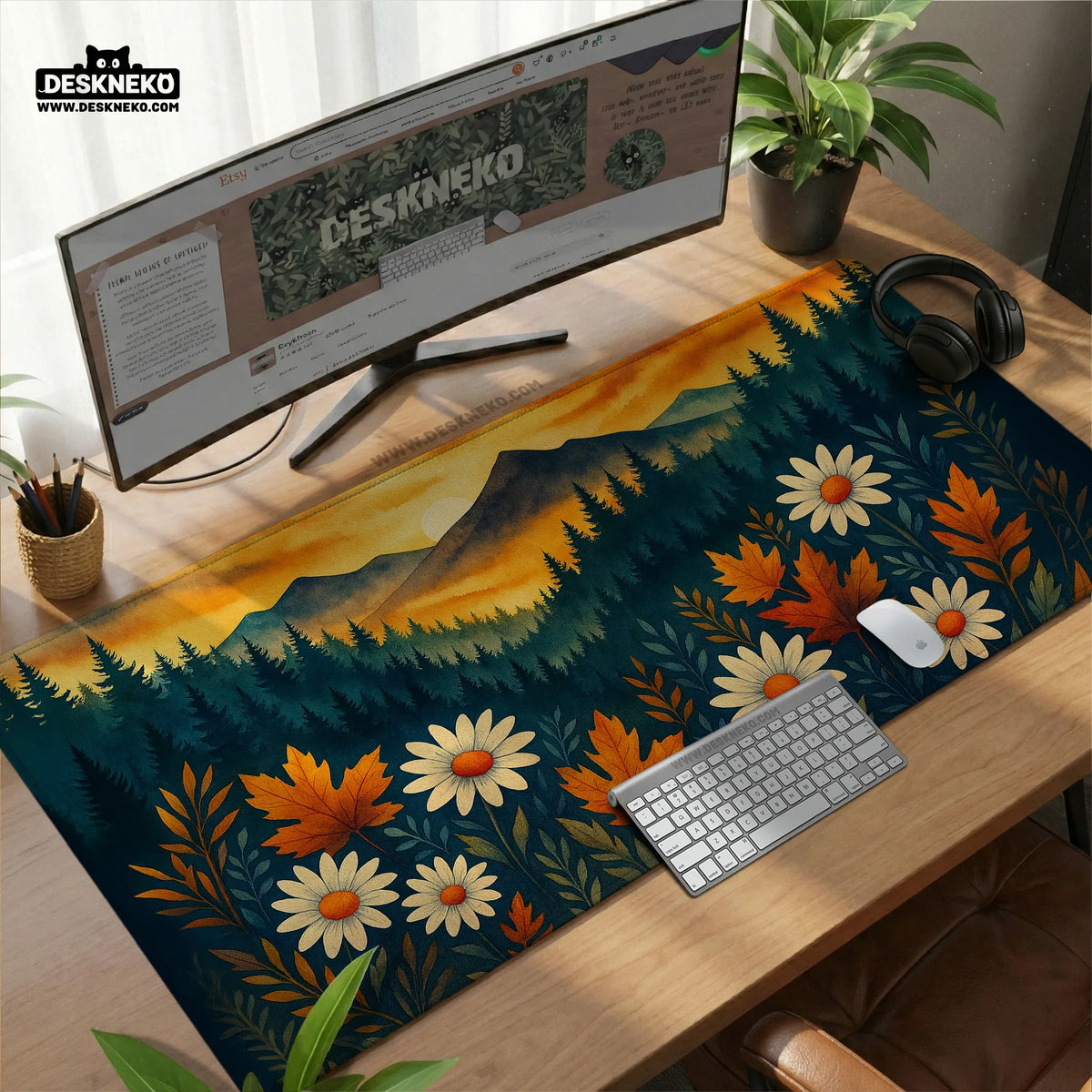 Sunset forest mountain desk mat