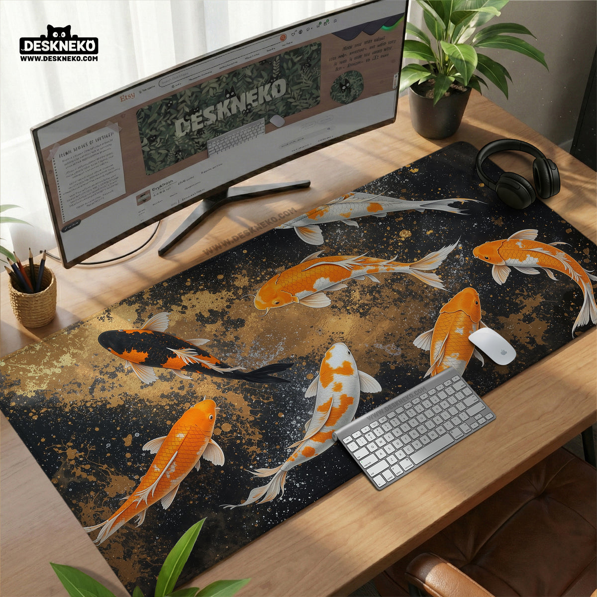 Black gold koi desk mat mousepad